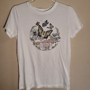 Free State White Tee with Butterfly and Mushroom Design